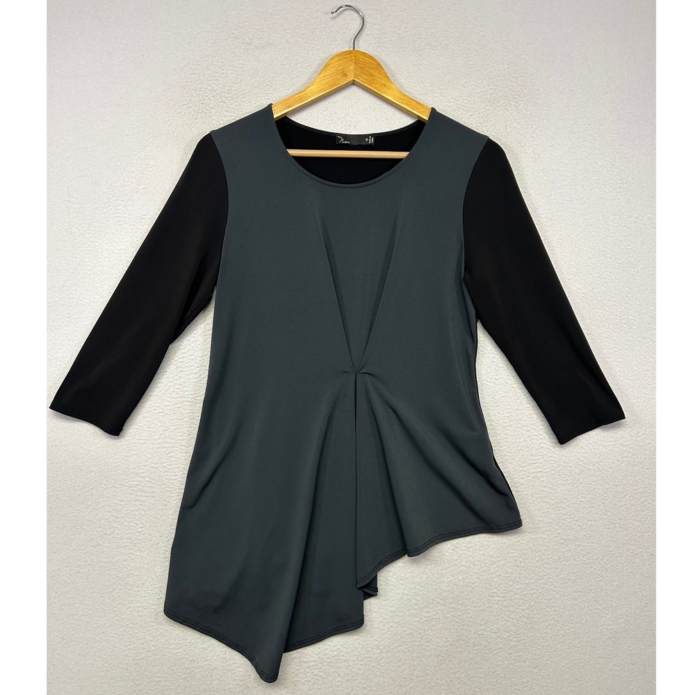 Avant Garde Noir Womens Medium Grey Black Asymmetrical Twist Tunic Top Corporate